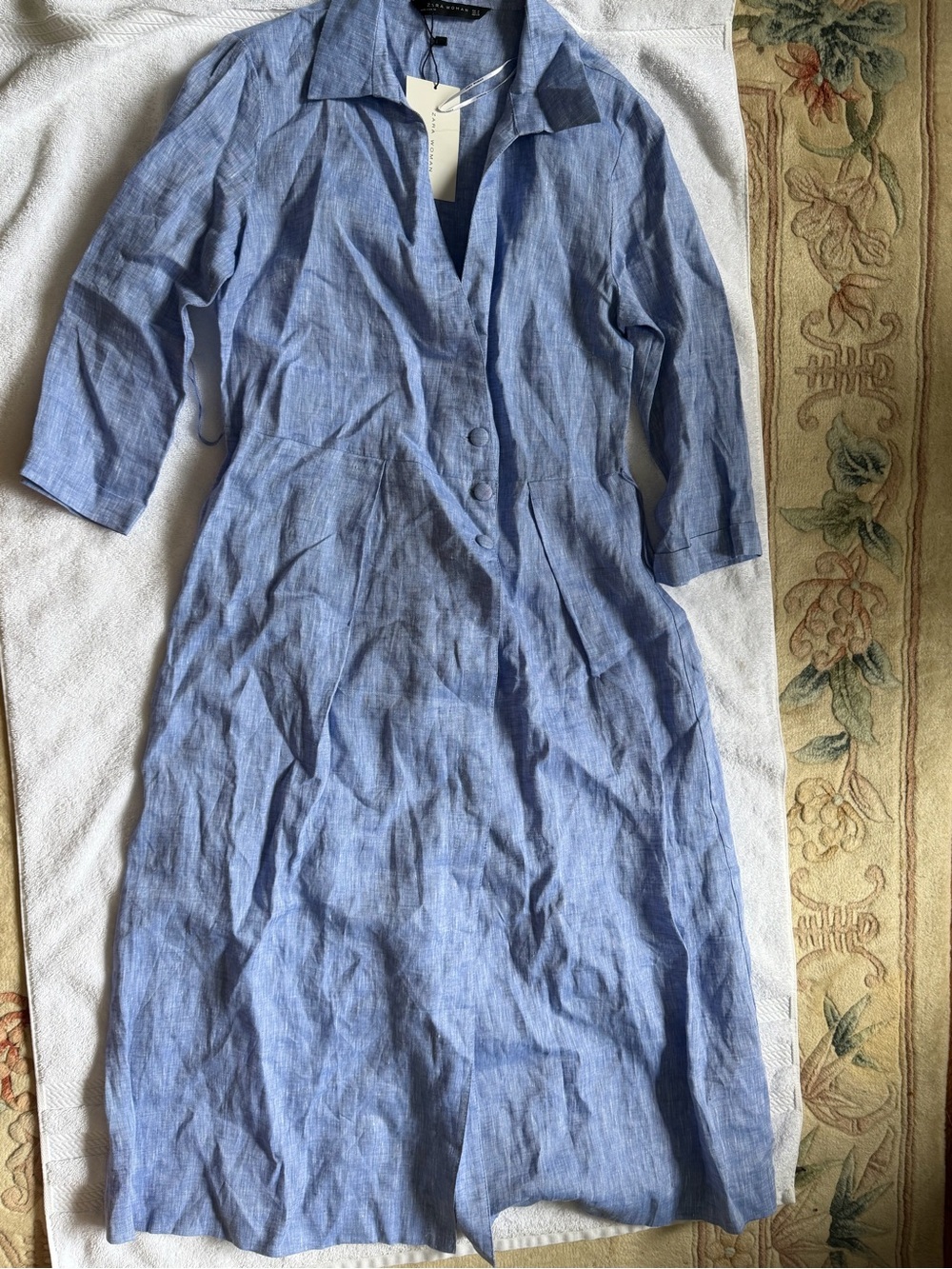 Zara Light Blue Linen-Blend Midi Shirt Dress